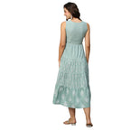 Sea Green & White Ethnic Motifs Embroidered Pure Cotton Maxi A-Line Dress - Poonam | Grocsy
