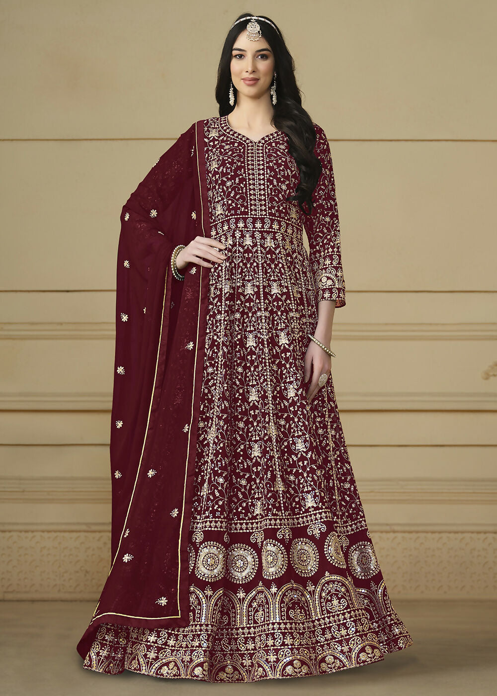 Maroon Embroidered Trendy Style Anarkali Suit - Emponline | Grocsy