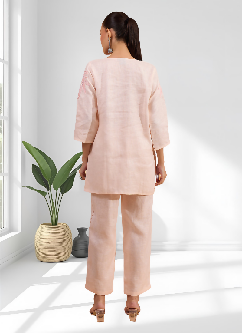 Joban Fashion Pink Linen Embroidered Readymade Cord Set | Grocsy