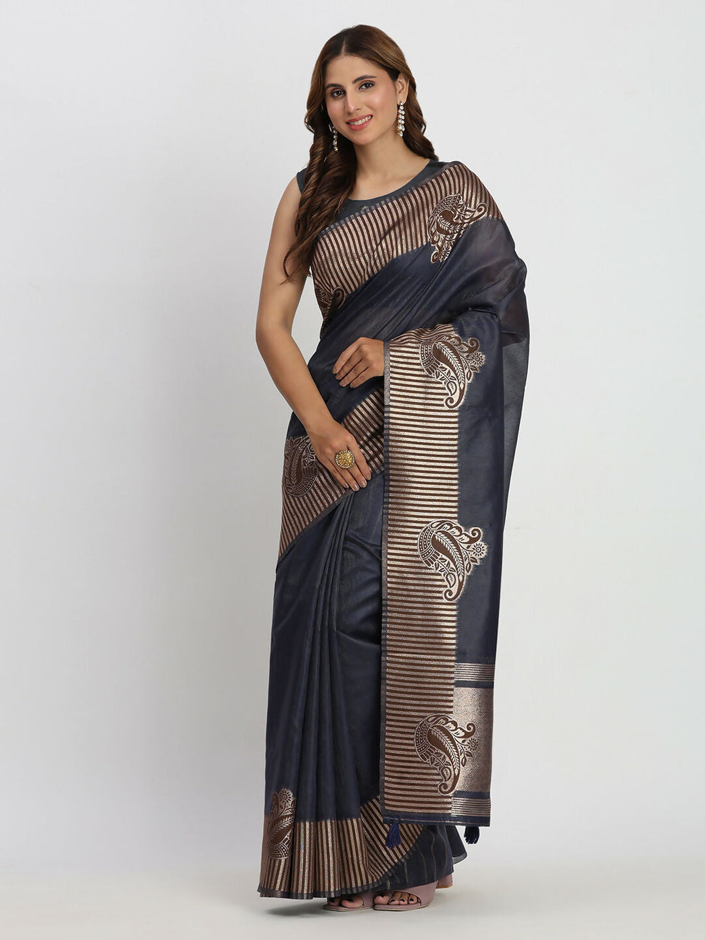 Shree Shyam Fashion Linen Cotton Navy Blue Saree | Grocsy