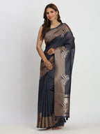 Shree Shyam Fashion Linen Cotton Navy Blue Saree | Grocsy