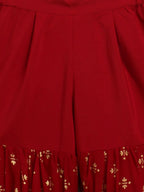 Ahalyaa Maroon Georgette Gold Foil Print Kids Peplum style Kurta Sharara Set With Dupatta For Girls | Grocsy