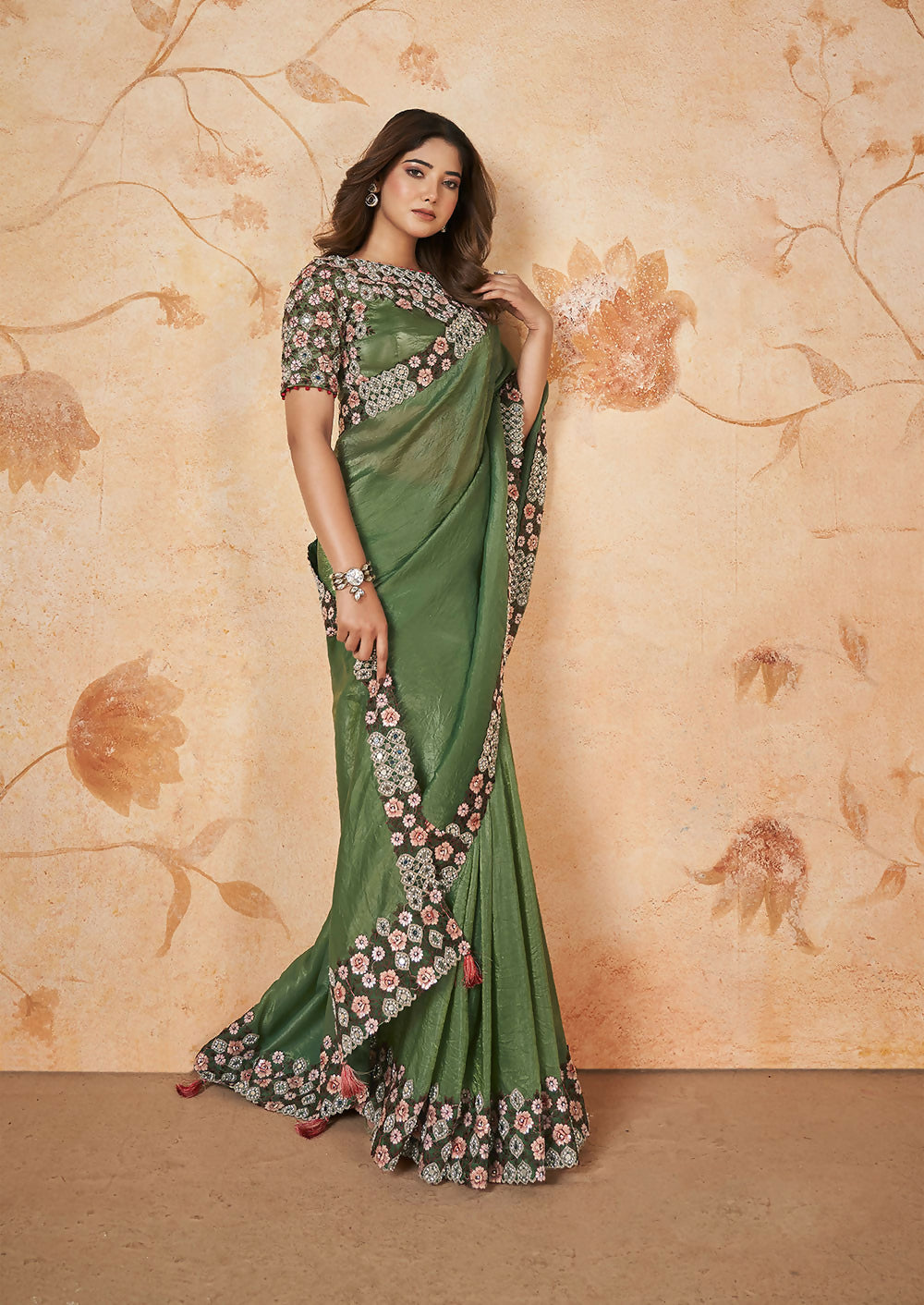 Green Banarasi Crush Silk Thread, Sequence, Cord Embroidered with Stone & Mirror Work Saree - Mohmanthan Dakshika | Grocsy