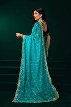 Joban Fashion Turquoise Blue Net Party Wear Sarees | Grocsy