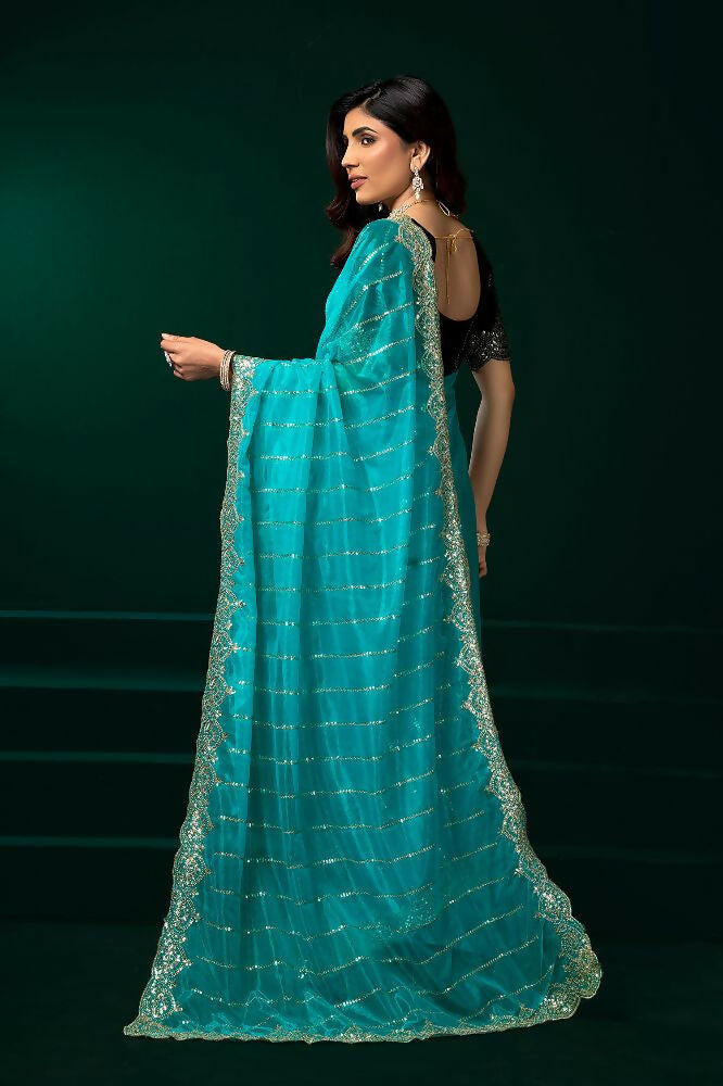 Joban Fashion Turquoise Blue Net Party Wear Sarees | Grocsy