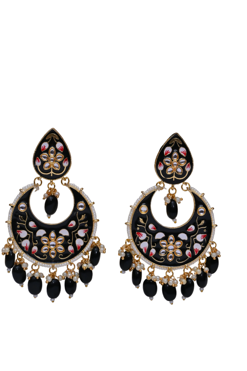 Gold-Polished Brass & Pearl Dangle Women Black Hand Painted Meenakari Chandbali Earrings By House of Ree - Swadesiicart