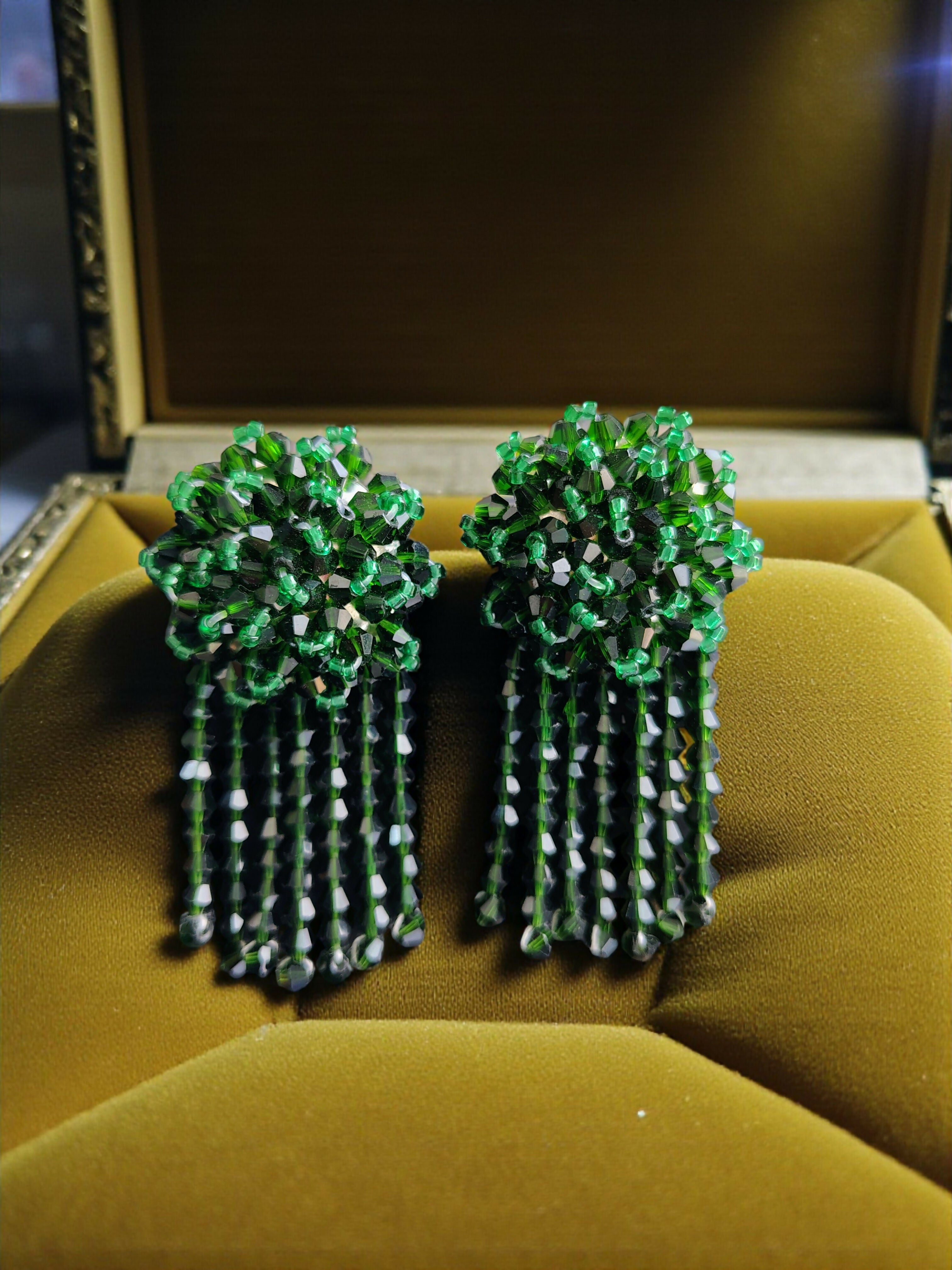 Inhanns Handmade Crystal Water Fall Earrings - Short - Dark Green Small | Grocsy