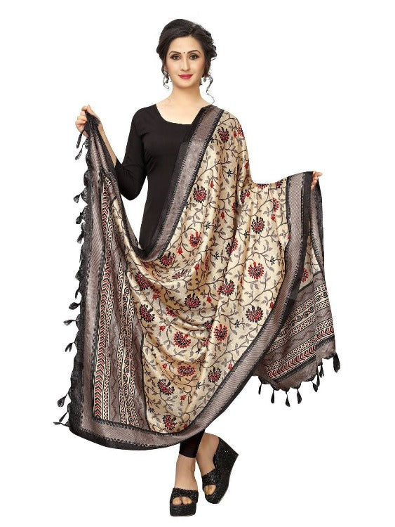 Vamika Flower Printed Black Khadi Bhagalpuri Dupatta | Grocsy