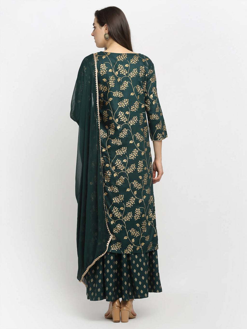 Rudra Bazaar Green Gold Printed Straight Kurta with Gold Printed Skirt & Dupatta | Grocsy