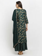 Rudra Bazaar Green Gold Printed Straight Kurta with Gold Printed Skirt & Dupatta | Grocsy