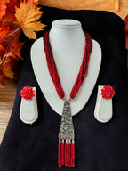Inhanns Day-To-Dinner Tie Shaped Oxidized Black Metal Multi-Layered Long Necklace Set - Red | Grocsy