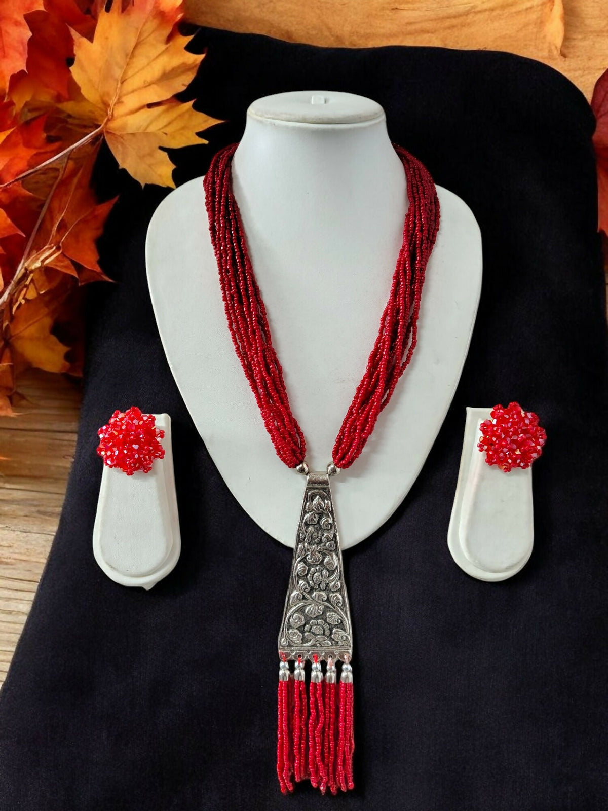 Inhanns Day-To-Dinner Tie Shaped Oxidized Black Metal Multi-Layered Long Necklace Set - Red | Grocsy
