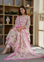 Jaimini Women Cotton Printed Round Neck 3/4 Sleeves Calf Length Flared Kurta Pant And Dupatta Set | Grocsy