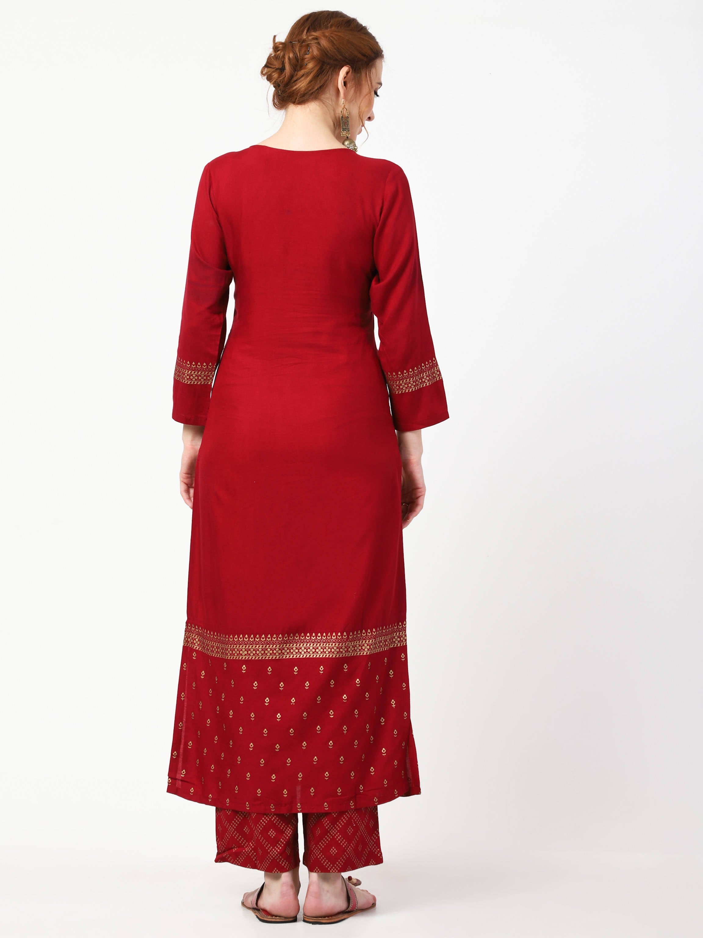 Cheera Gold Printed Maroon Kurta & Palazzo (CH-86KP) | Grocsy