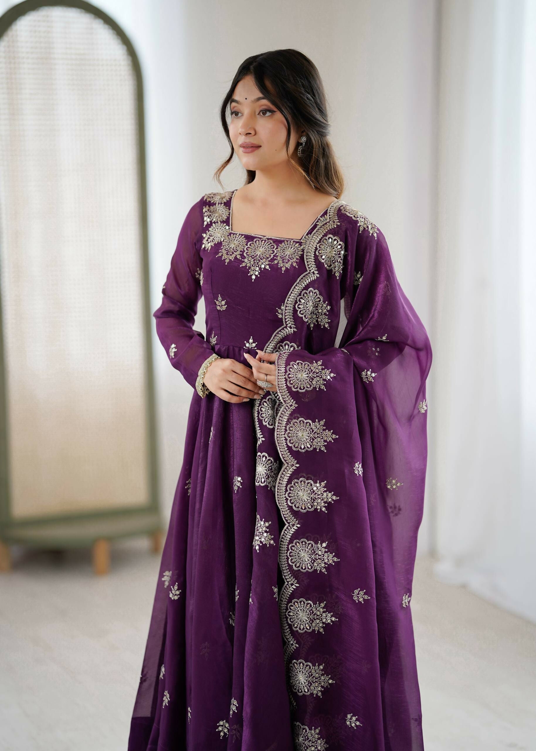 Teeya Creation Wine Color Crunchy Silk Embroidery Work Wedding Wear Gown | Grocsy