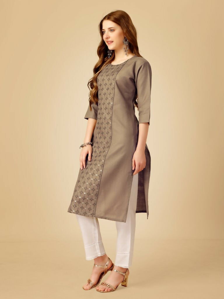 Jyoti Fashion Women's Khaki Cotton Blend Embroidered Kurta Pant Set | Grocsy