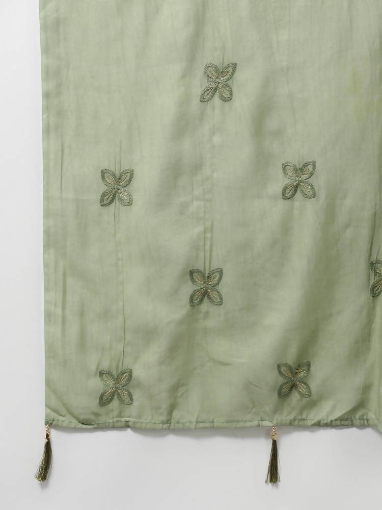 Yufta Women Olive Green Floral Printed Sequined Pure Silk Kurta with Palazzo and Dupatta | Grocsy