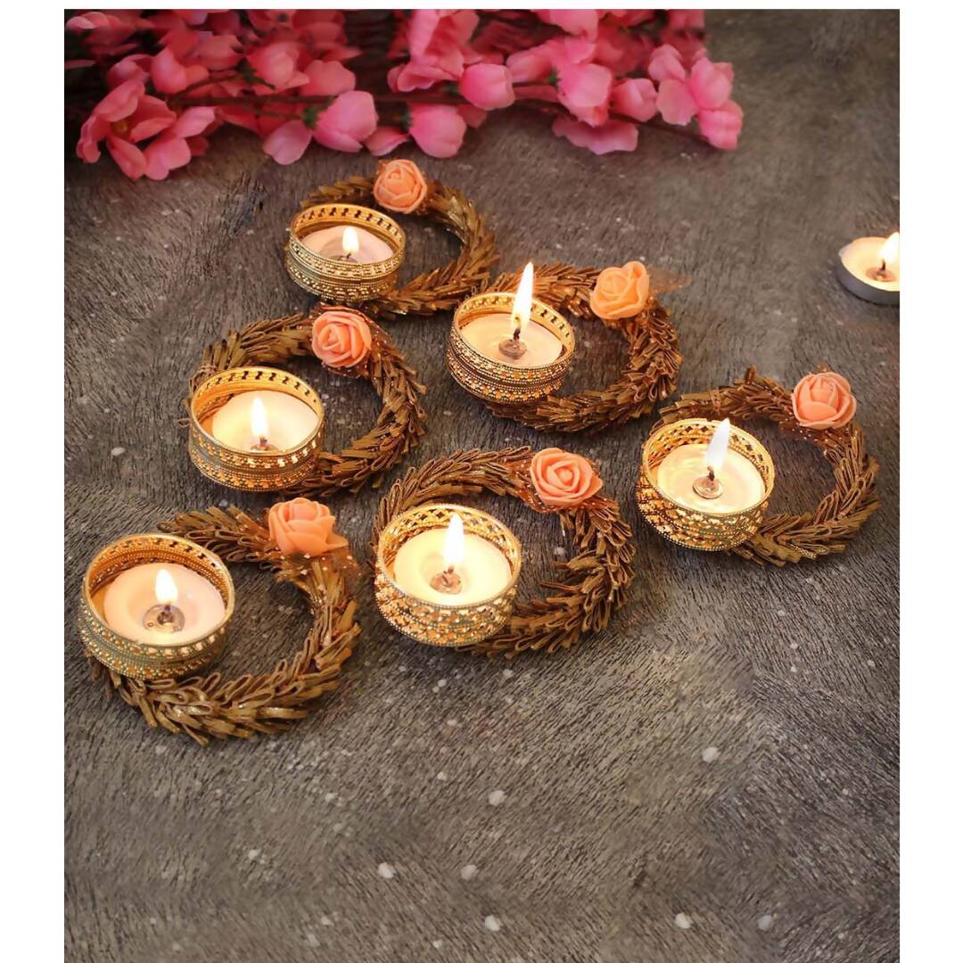 Tied Ribbons Set Of 6 Multicoloured Decoartive Artificial Flower Tealight Candle Holder | Grocsy