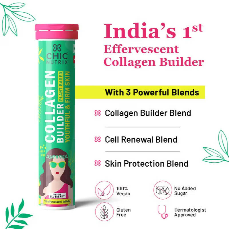 Chicnutrix Plant Based Collagen Builder Tablets for Youthful & Firm Skin -Blueberry Flavor | Grocsy