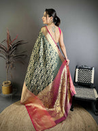 Prime Volt Pure Handloom Kanjivaram Katan Silk Saree with Antique Zari & Contrast Pallu-Green | Grocsy