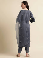 Grey Chinon Silk Embroidered Straight Kurta with Trouser & Dupatta - Salimar | Grocsy