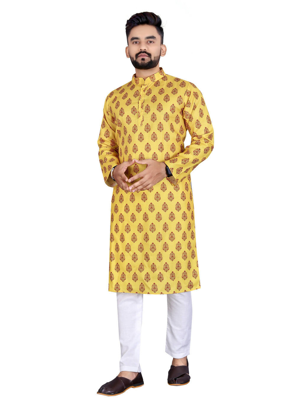 Mens Yellow Cotton Printed Kurta - Mahotsav | Grocsy