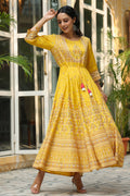 Juniper Women's Mustard Viscose Shantoon Festive Printed Flared Dress | Grocsy