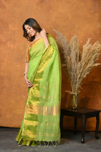 Very Much Indian Handloom Pure Cotton Linen Saree With Golden Border - Light Green | Grocsy