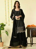 Myshka Women's Black Georgette Kurta & Skirt With Dupatta Party Sets | Grocsy
