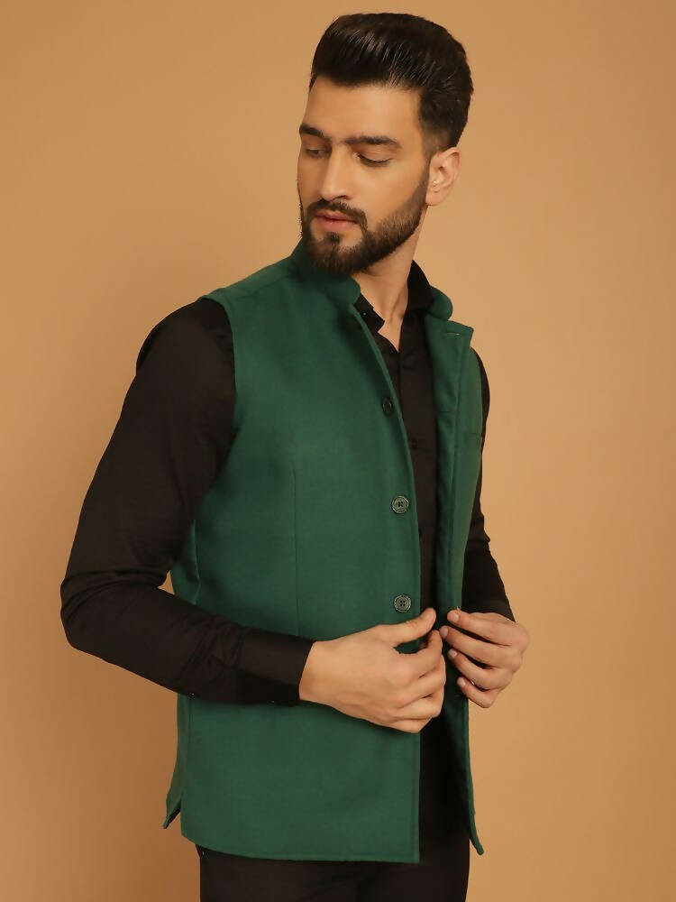 Even Apparels Pure Wool Nehru Jacket - Green | Grocsy