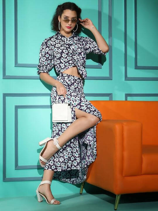 Purple Crepe Floral Printed Top with Matching Skirt - Shivani | Grocsy