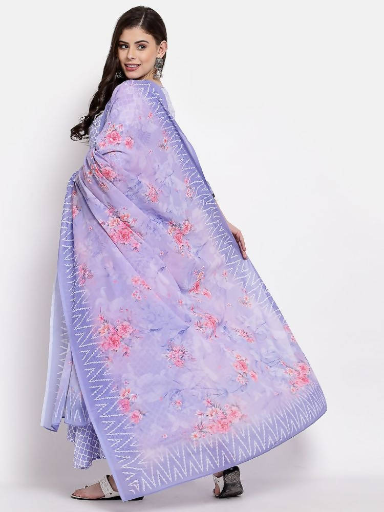 Myshka Women's Purple Silk Printed 3/4 Sleeve Round Neck Casual Anarkali Kurta Dupatta Set | Grocsy