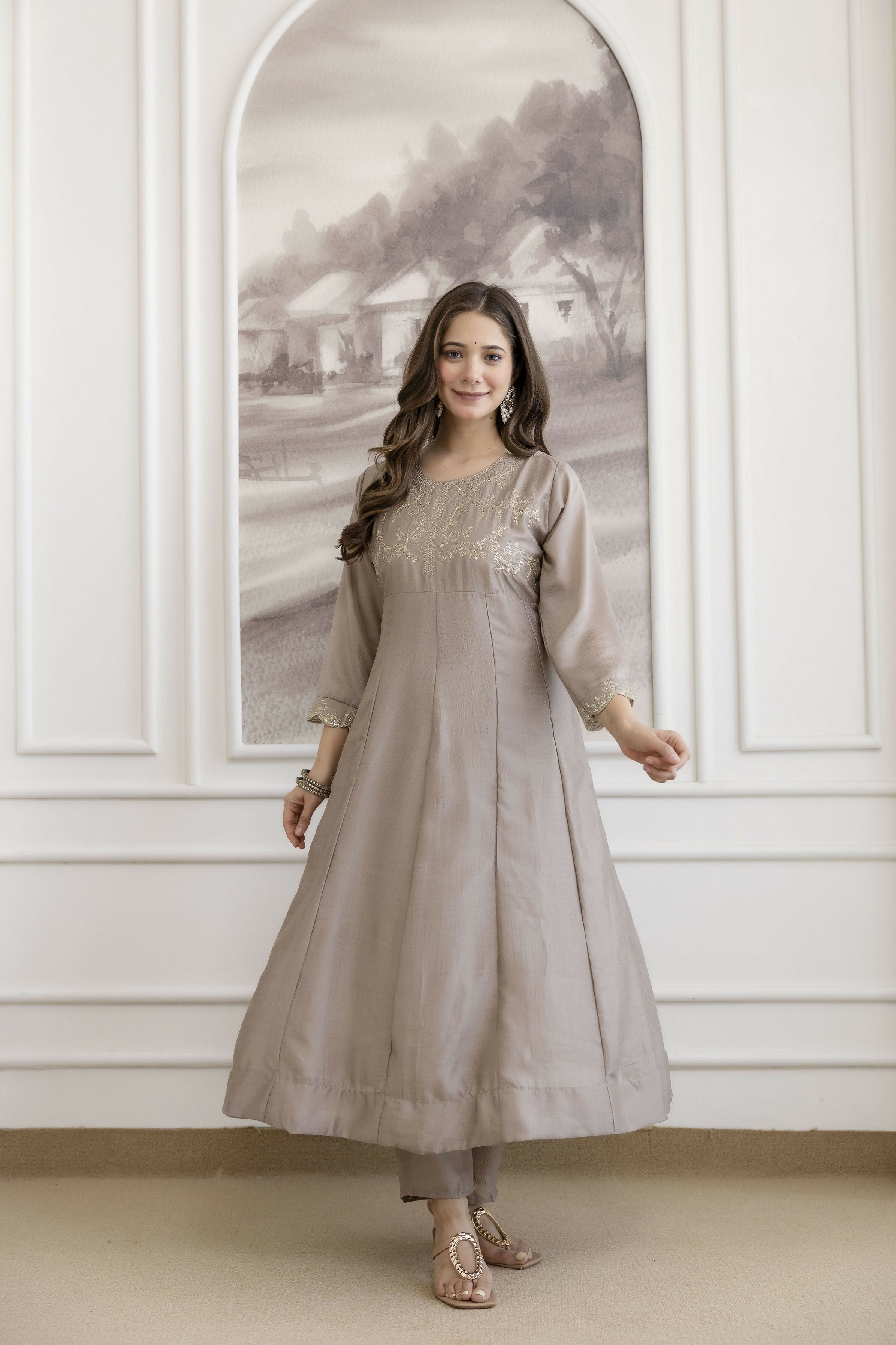 The52 Chiku Women's Beautiful Vichitra Silk Fabric Embroidered Work Flared Anarkali Pant and Dupatta Set | Grocsy