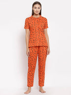 Myshka Women's Brown Cotton Printed Half Sleeve Collar Neck Casual Night suit | Grocsy