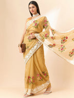 Beige Organza Floral Embroidered Saree with Unstitched Blouse Piece - Roozal | Grocsy