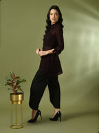 Myshka Women's Coffee Brown Solid Georgette Longline Party Sheer Tunic | Grocsy