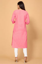 Light Pink Cottan Slub Embroidery Kurti - Umi | Grocsy