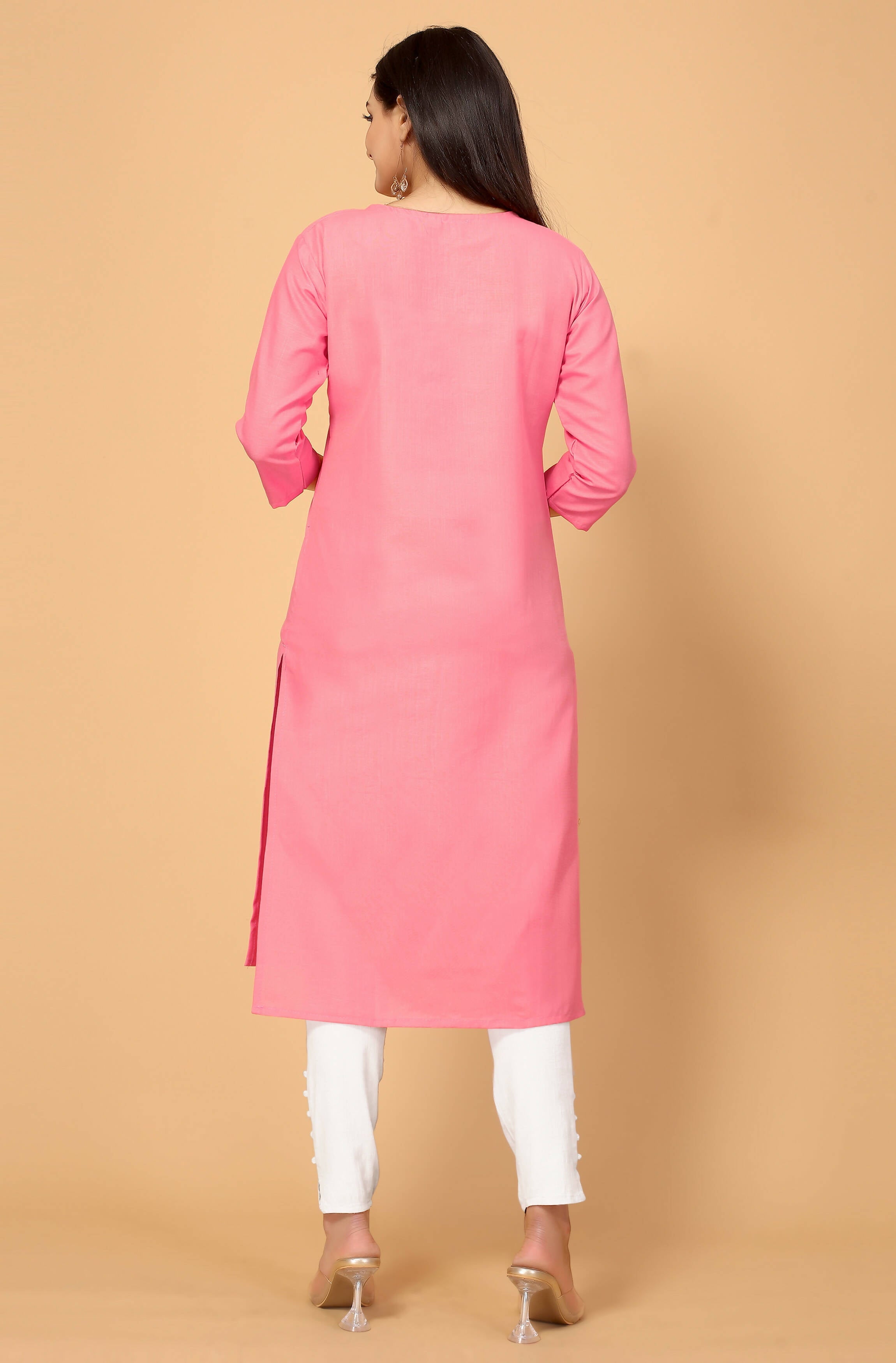 Light Pink Cottan Slub Embroidery Kurti - Umi | Grocsy