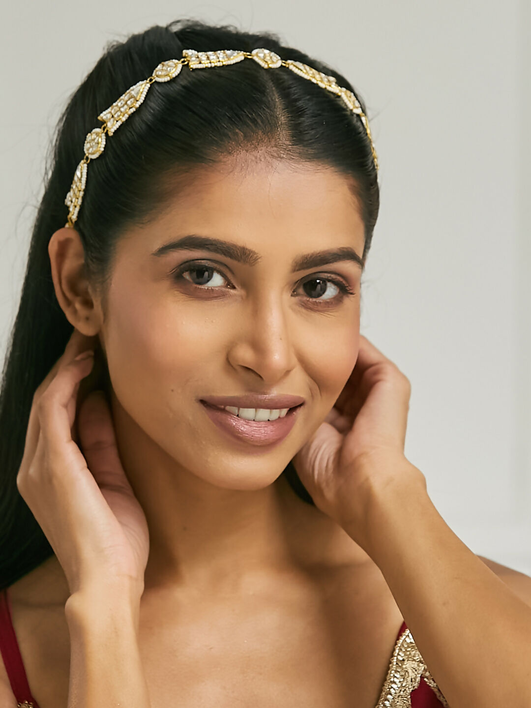 Nuyug 22K Gold-Plated Kundan & Pearls Studded Matha Patti with Regal Motifs Head Jewellery | Grocsy