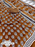 Mustard Poly Georgette Ajrak Saree with Unstitched Blouse - Hiral Fashion | Grocsy