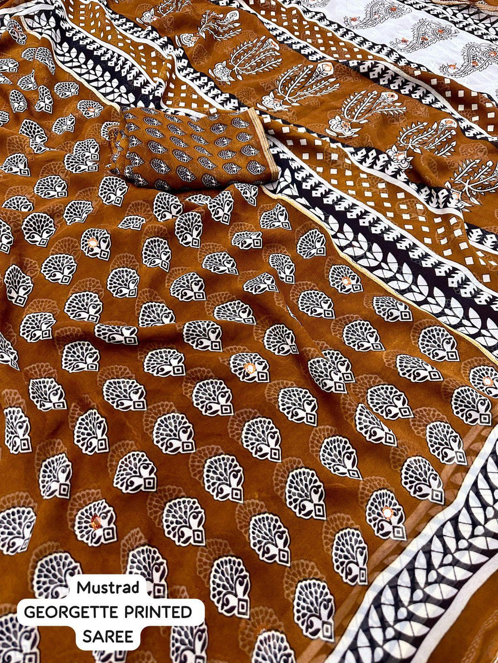 Mustard Poly Georgette Ajrak Saree with Unstitched Blouse - A2M | Grocsy