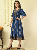 Myshka Women's Blue Printed Cotton Party Dress | Grocsy