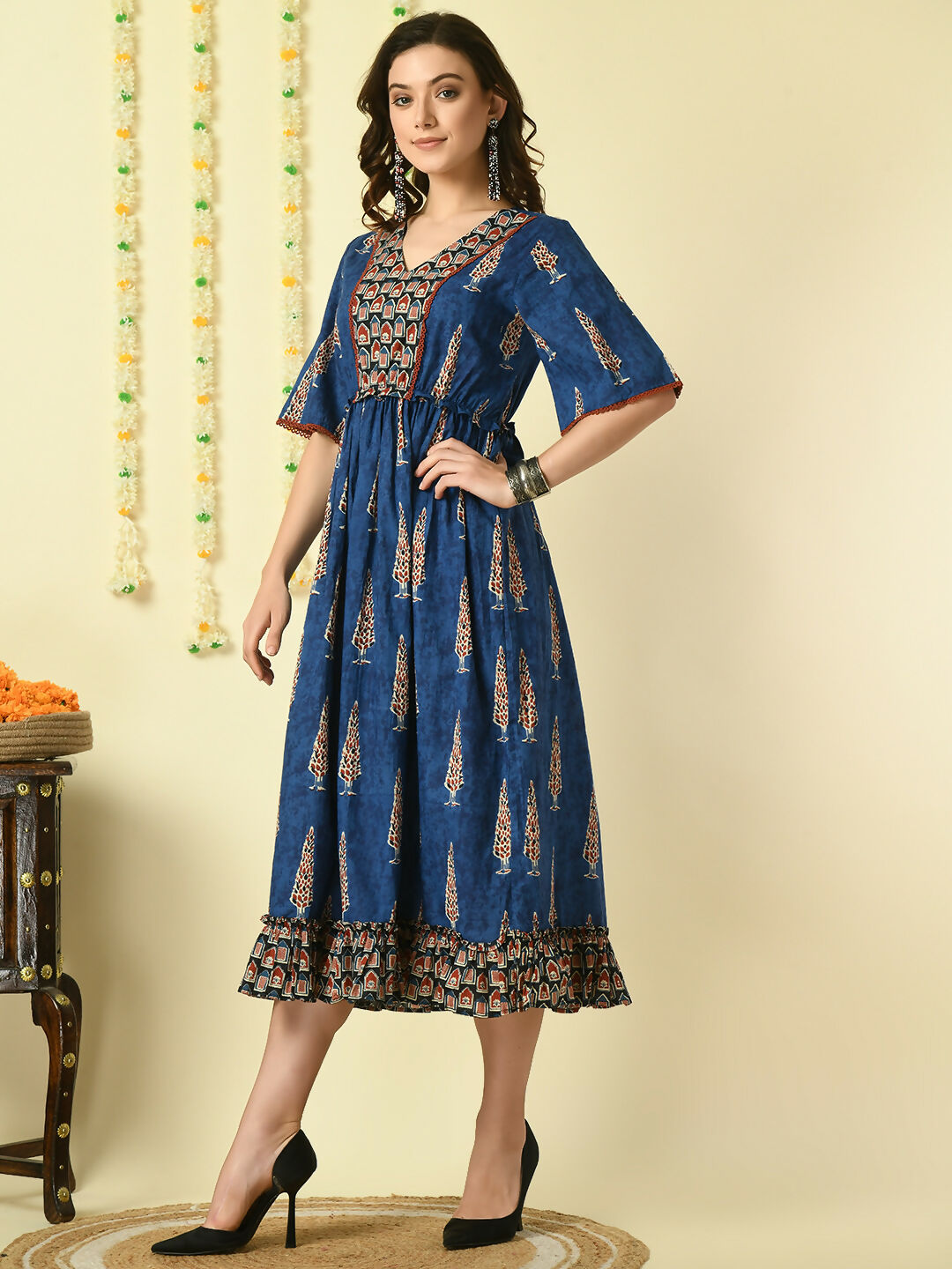 Myshka Women's Blue Printed Cotton Party Dress | Grocsy