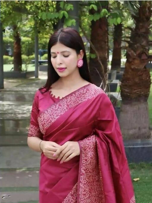 DEIANA'S Beautiful Designer Golden zari Soft Lichi Silk Saree - Maroon | Grocsy