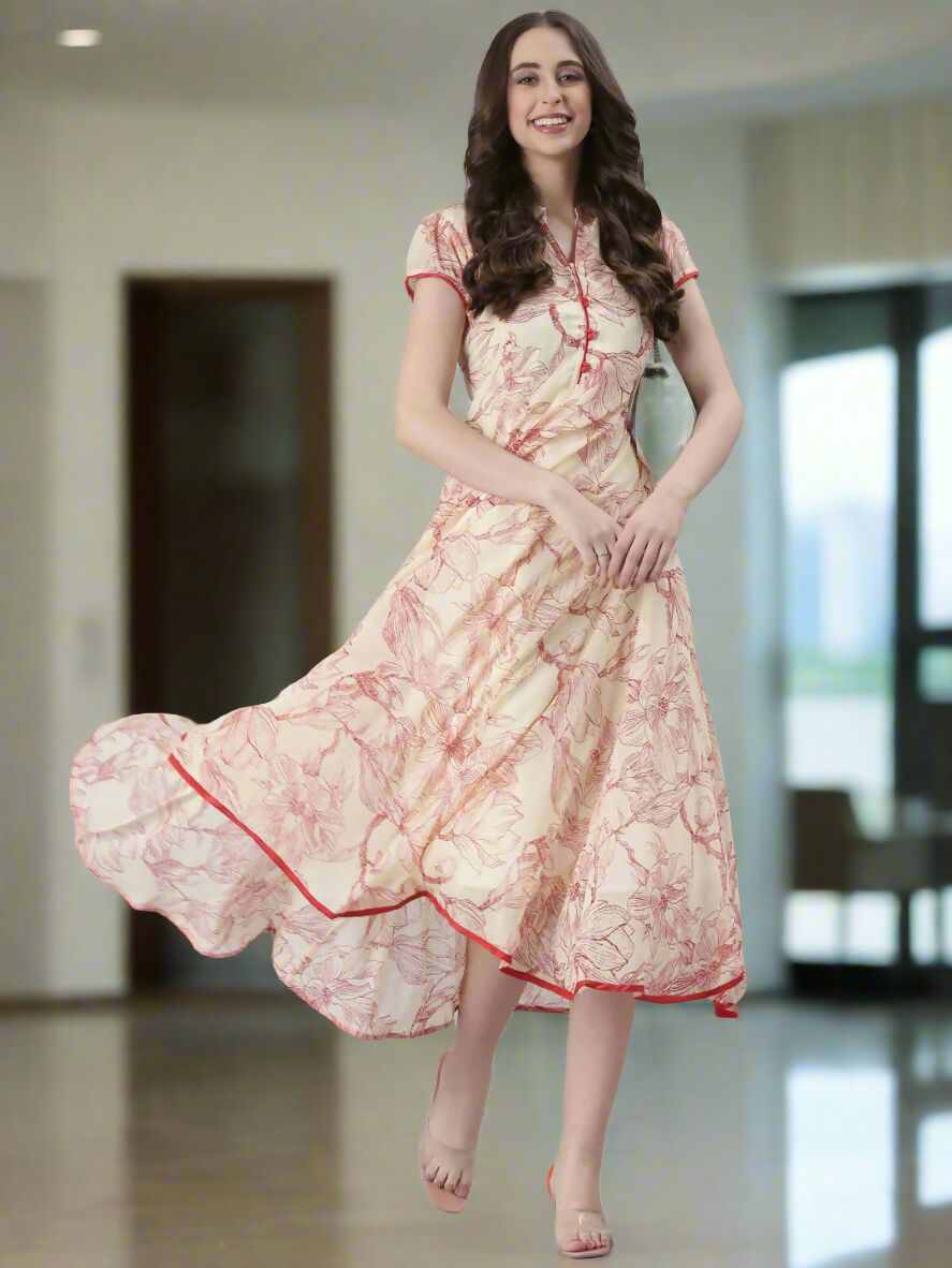 Souchii Floral Tiered Midi Dress For Women – Elegant Beige Button-Front A-Line | Grocsy