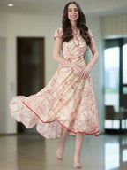 Souchii Floral Tiered Midi Dress For Women – Elegant Beige Button-Front A-Line | Grocsy