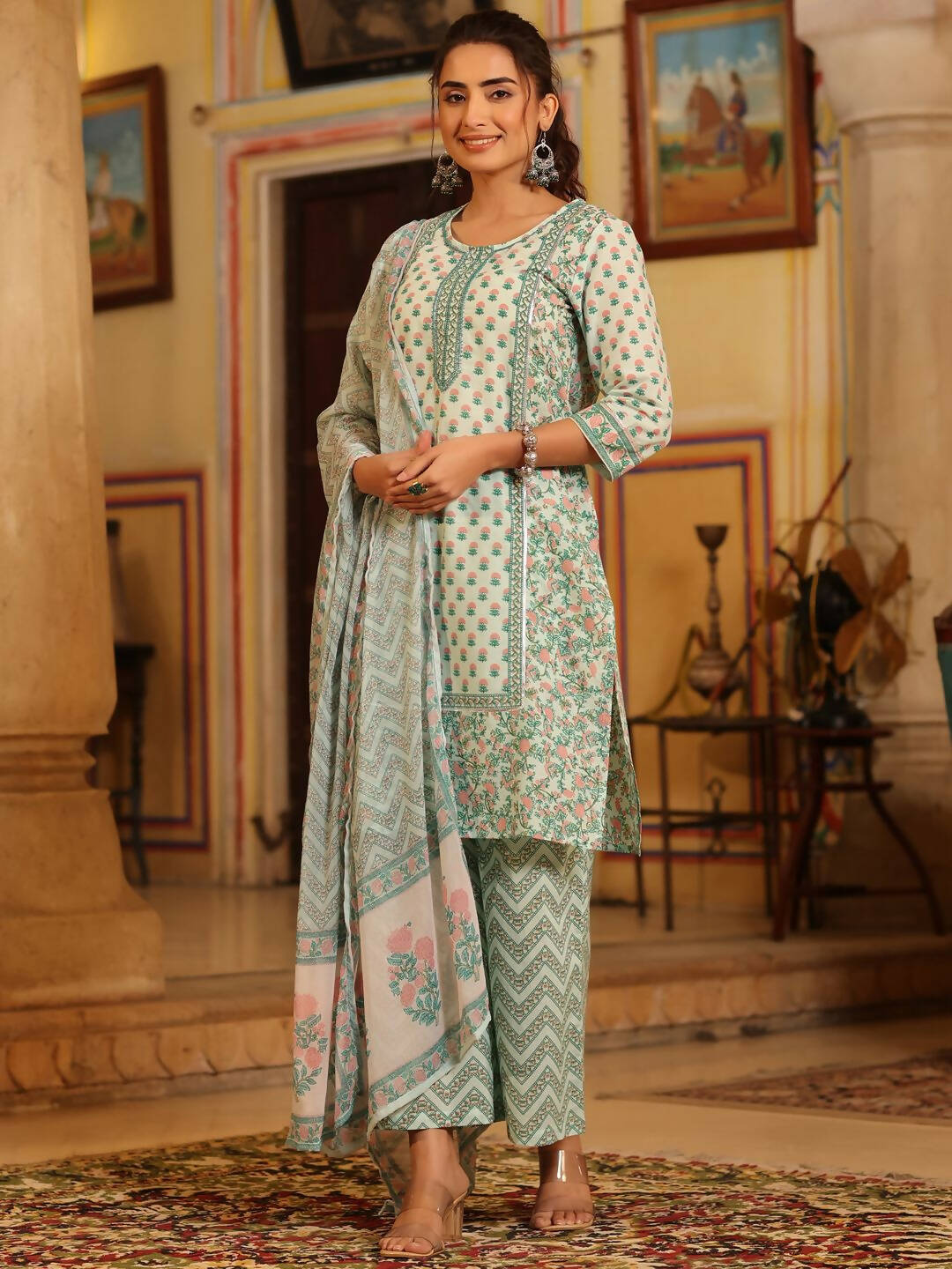 Juniper Women's Seagreen Cambric Floral Printed Kurta Palazzo Set | Grocsy