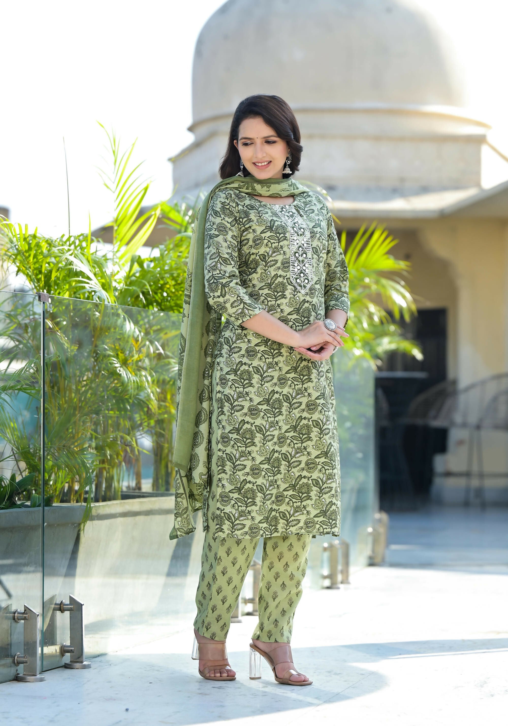 Juniper Women's Green Floral Printed Cotton Kurta Set With Thread & Mirror Work | Grocsy