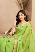 Vastranavya Mint Green Digital Printed Linen Ready To Wear Pocket Saree with Unstitched Blouse | Grocsy
