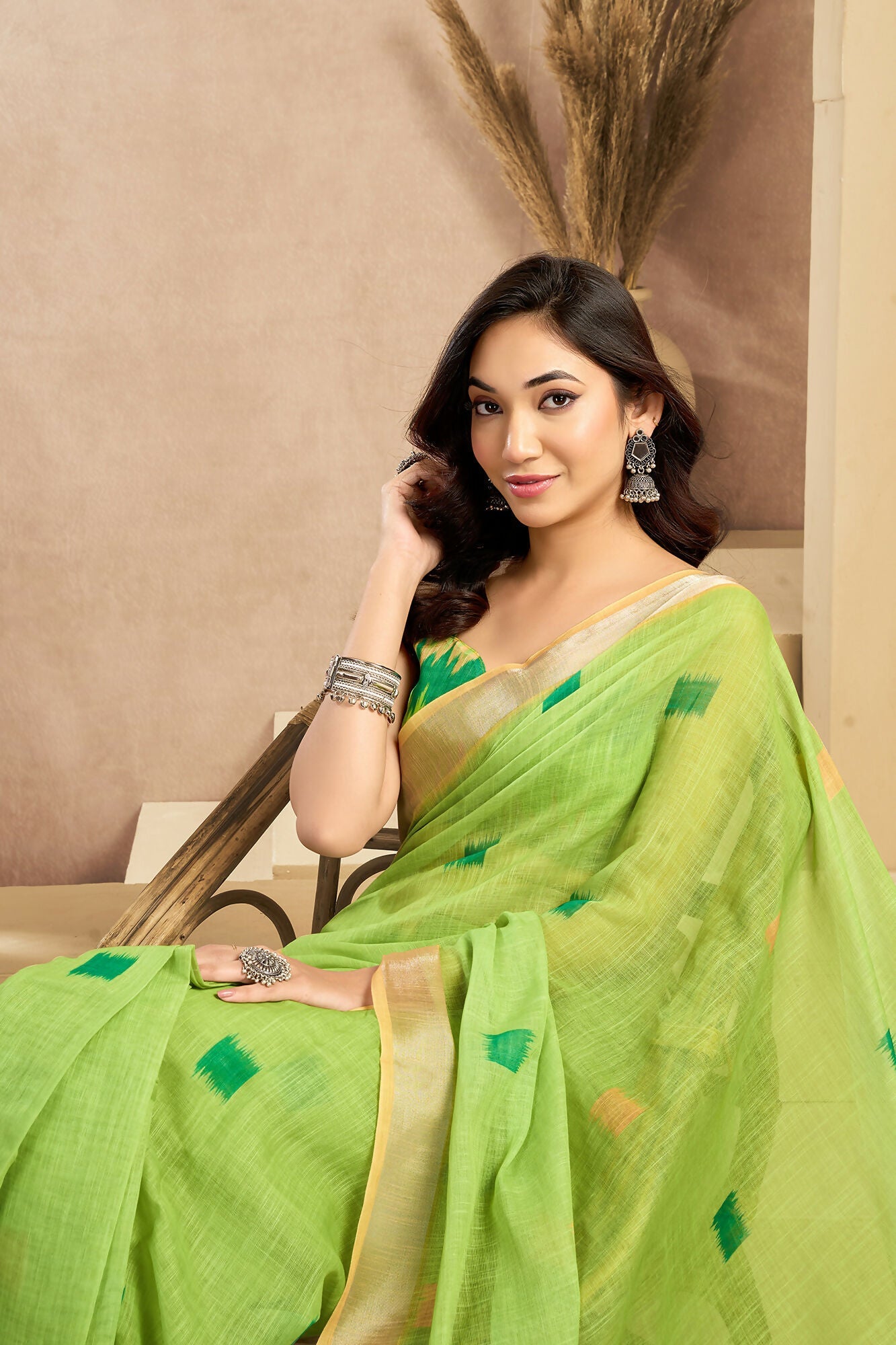 Vastranavya Mint Green Digital Printed Linen Ready To Wear Pocket Saree with Unstitched Blouse | Grocsy